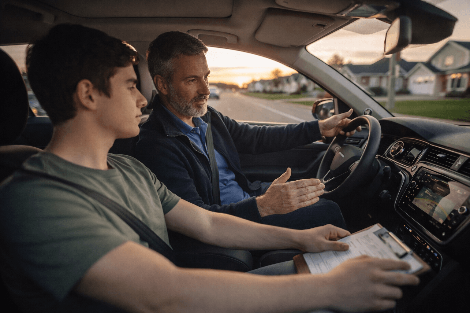Editorial wide-angle photo of a calm professional driving instructor coaching a young adult in a modern car on a clean Prince Edward Island suburban street during golden hour, natural light, authentic candid style, high detail, trust-focused composition.