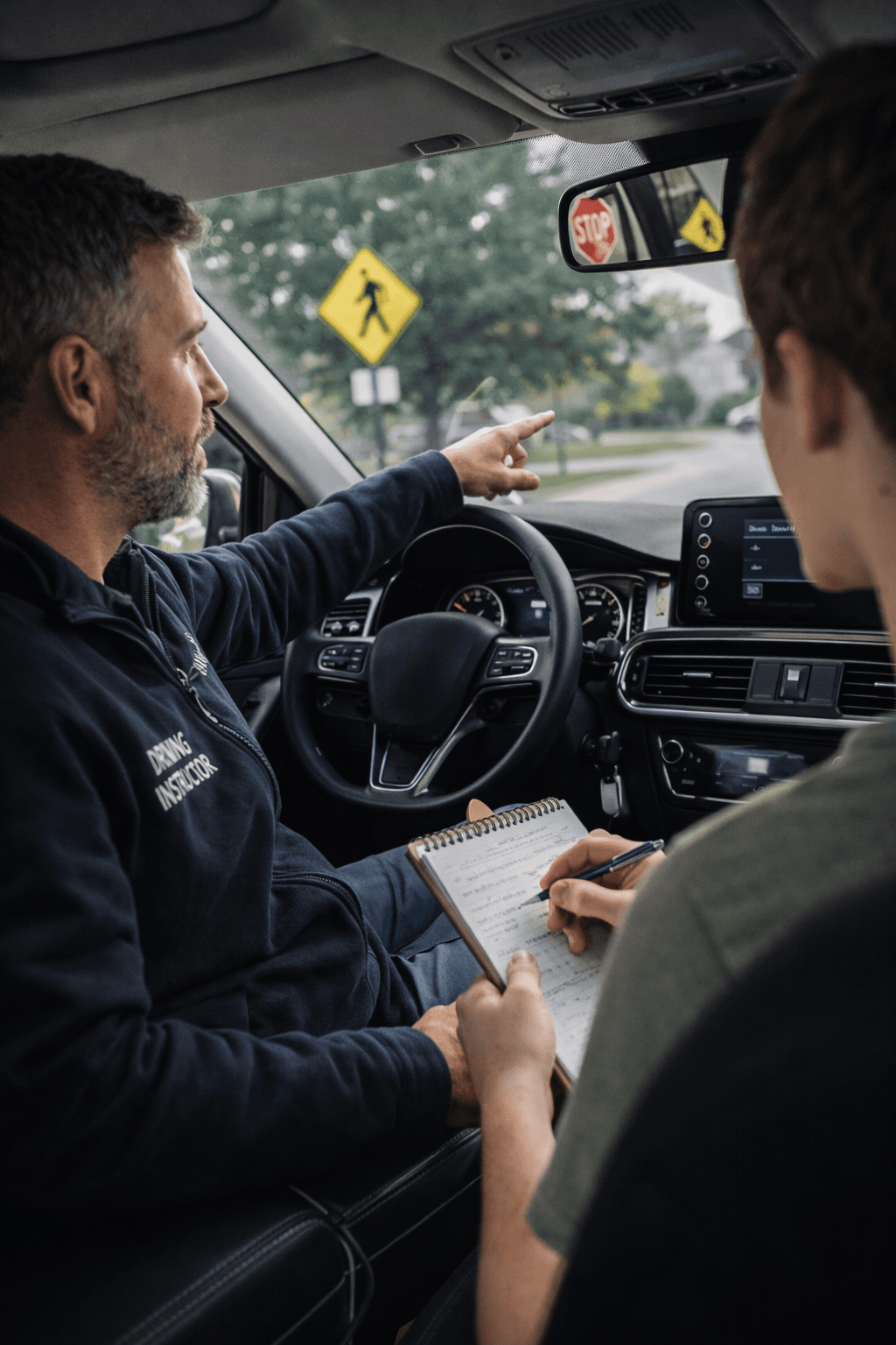 Close interior car shot of instructor pointing to mirrors and road signs while student takes notes, professional training atmosphere, neutral tones with subtle blue accents, documentary style.