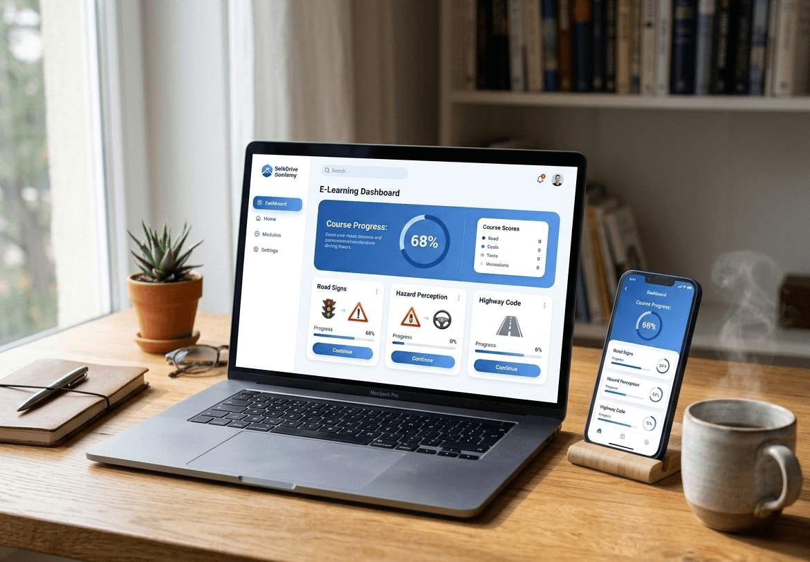 Cinematic laptop-and-phone desk scene showing a driving theory e-learning dashboard with progress modules, blue and white UI theme, premium educational brand feel, soft shadows, realistic photography.